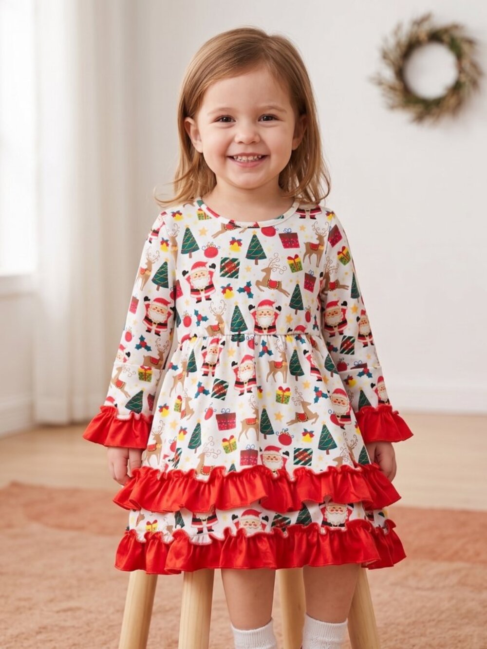NWOT | Toddler Girls Christmas Santa Reindeer Ruffle Tiered Holiday Dress | 3T
